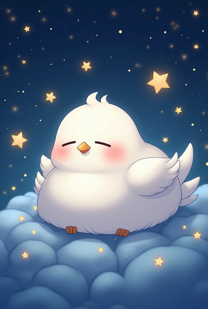 Masterpiece,Best quality, Anime style, pure white sparrow mascot, round body, fluffy body, simple face, cute appearance, Starry sky, sleeping on the stars,