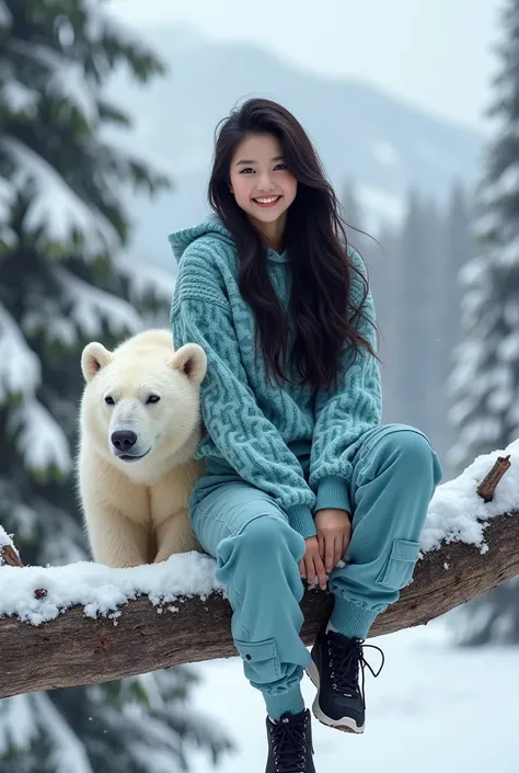 A cute white beautiful Korean woman, wearing a cheetah patterned sky blue knitted hoodie, cargo pants, black shoes, is sitting on a tree branch covered with white snow and there is a white bear near the beautiful woman, with snow mountains in the backgroun...