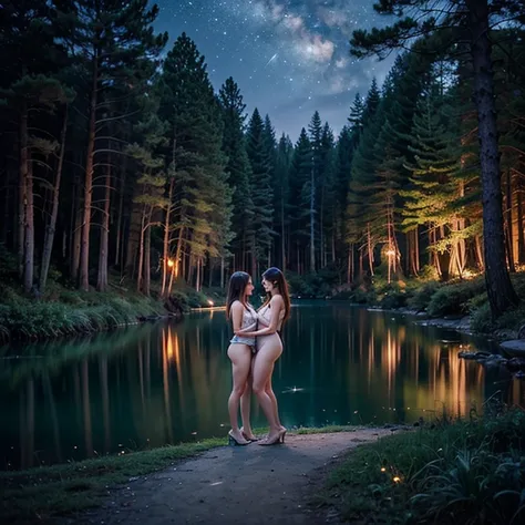 (((Fantastic Forest in the Dark Night ))),((( Mysterious Lake in the Forest with Fantastic Fireflies Flying in the Dark Night))), Two Beautiful Women Intertwined Naked 、Two Instagrammers、 A Fascinating Woman、 Bitch、( realistic , realistic の1.37),（8k，born、 ...