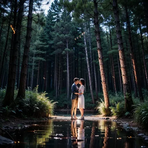 (((Fantastic Forest in the Dark Night ))),((( Mysterious Lake in the Forest with Fantastic Fireflies Flying in the Dark Night))), Two Beautiful Women Intertwined Naked 、Two Instagrammers、 A Fascinating Woman、 Bitch、( realistic , realistic の1.37),（8k，born、 ...