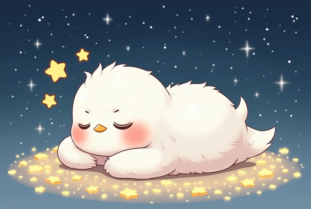 Masterpiece,Best quality, Anime style, pure white sparrow mascot, round body, fluffy body, simple face, cute appearance, Starry sky, sleeping on the stars,