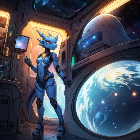 single female, furry, metallic, light blue, robotic, anthro, kobold, short, small breasts, thin body, standing in space ship, facing viewer, legs spread, science fiction, looking out window, galaxy, stars, high quality, masterpiece, dark lighting, 
