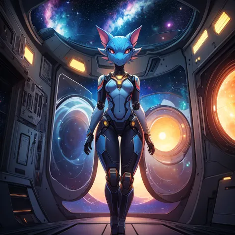 single female, furry, metallic, light blue, robotic, anthro, kobold, short, small breasts, thin body, standing in space ship, facing viewer, legs spread, science fiction, looking out window, galaxy, stars, high quality, masterpiece, dark lighting, 
