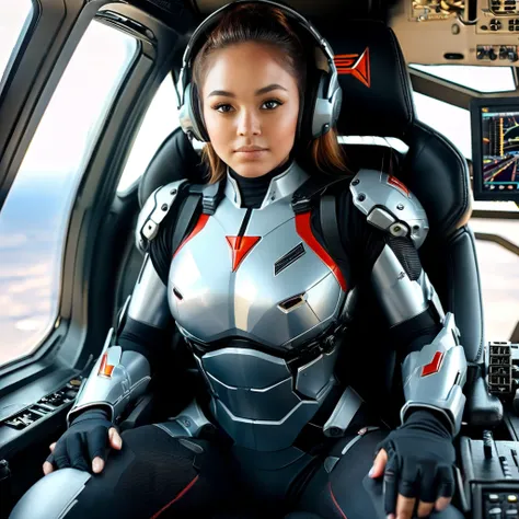 Highly detailed photo of a girl, SF soldier, 25yo, Mech warrior of women mercenary, Hyper huge saggy boobs, (body armored on body suit), wide open chest, sitting like a queen, Stately and dignified, Very dissatisfied look, (headset, Powerful and beautiful ...