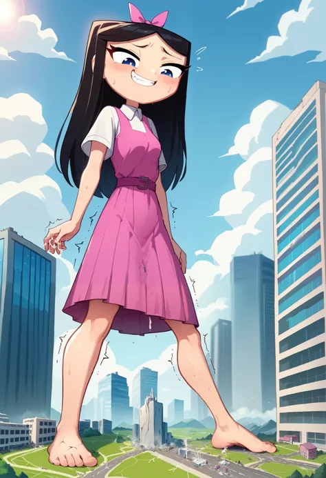 easynegative, safe_pos,score_9,score_8_up,score_7_up,score_6_up,source_anime, Giantess, macro, very sweaty, bigger than island, barefoot, Landscape, cityscape, smug expression, devious grin, isabella, pink tight dress, ribbon, black hair, white short sleev...