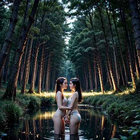 (((Fantastic Forest in the Dark Night ))),((( Mysterious Lake in the Forest with Fantastic Fireflies Flying in the Dark Night))), Two Beautiful Women Intertwined Naked 、Two Instagrammers、 A Fascinating Woman、 Bitch、( realistic , realistic の1.37),（8k，born、 ...