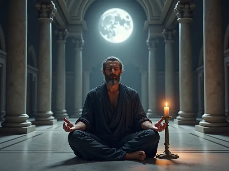 The stoic philosopher is meditating alone in a serene Roman sanctuary. He sits cross-legged on a polished marble floor, with his dark tunic flowing naturally around him. His eyes are closed, and his expression radiates calm and inner peace. The sanctuary i...