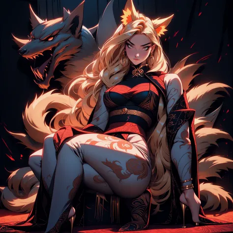 REALISTIC VISION 1.4, BETTER VAE,sharp focus, ultra detail, 32k,realistic photo, intricate details, kitsune, blond hair, (blond hair), gold eyes, intricate details ,woman, nine tails, intricate details,intricate details,big , Voluptuous body, intricate det...