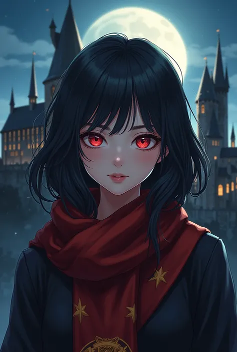 Beautiful red-eyed woman with black hair wearing a transverse Griffindor House scarf
The castle and the moon
Half-body anime