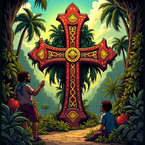 steel Cross Rasta Vibes, comic book style, vibrant colors, bold outlines, dynamic composition, uplifting atmosphere, detailed background with tropical elements, high contrast, expressive characters, masterpiece digital art, trending on artstation, 4k