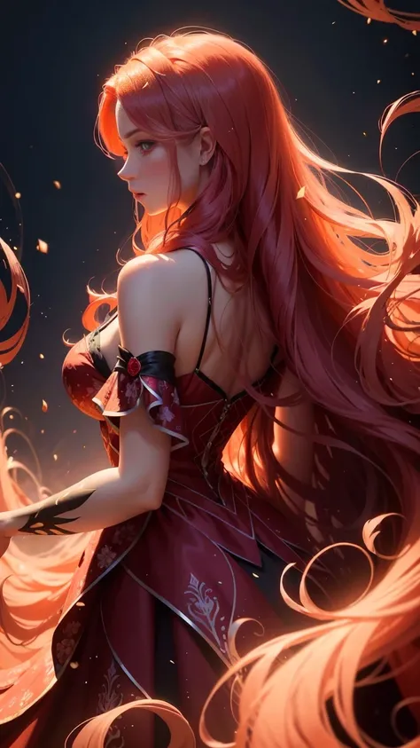 The image depicts an animated character with long, flowing hair cascading down her back. She wears a detailed, patterned red dress that sparkles and shines, giving off an ethereal glow. The background is dark, which enhances the vibrant red and glowing eff...