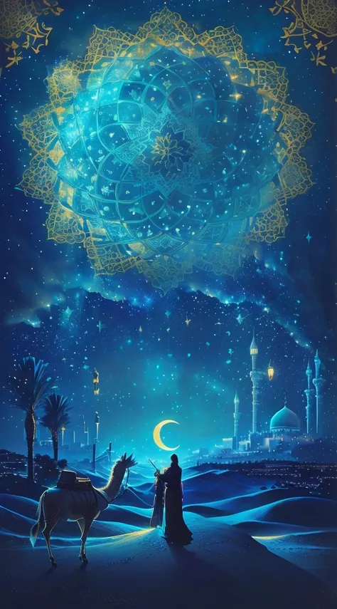  araffe and a man in the desert at night, Arabian Nights,  Night under the stars , Arabian Nightss, Arabic Art,  a beautiful art illustration , Night background,  Fairy tale style background , Background Artwork, Moonlight starry sky environment, Night sky...