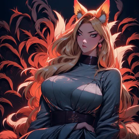 REALISTIC VISION 1.4, BETTER VAE,sharp focus, ultra detail, 32k,realistic photo, intricate details, kitsune, blond hair, (blond hair), gold eyes, intricate details ,woman, nine tails, intricate details,intricate details,big , Voluptuous body, intricate det...