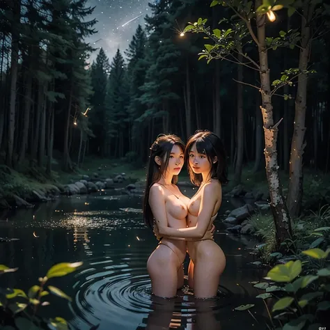 (((Fantastic Forest in the Dark Night ))),((( Mysterious Lake in the Forest with Fantastic Fireflies Flying in the Dark Night))), Two Beautiful Women Intertwined Naked 、Two Instagrammers、 A Fascinating Woman、 Bitch、( realistic , realistic の1.37),（8k，born、 ...