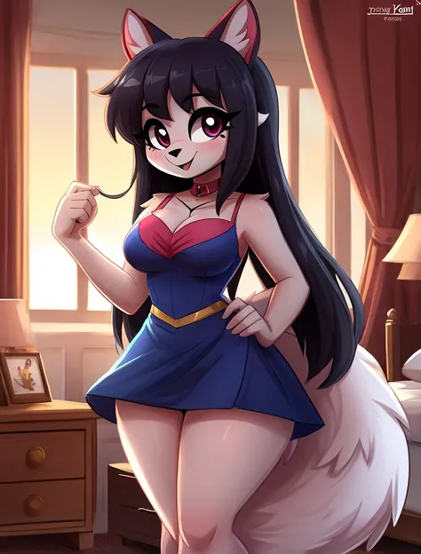 masterpiece, best quality, expression, happy exprresion, 1girl, solo, anthro, furry, fur, fluffy fur, chica búho, furry, Octavia (helluva boss), long hair, long big tail, clean hair, detailed, head tilt, teenager (18 years), medium breast, thick thighs, sl...