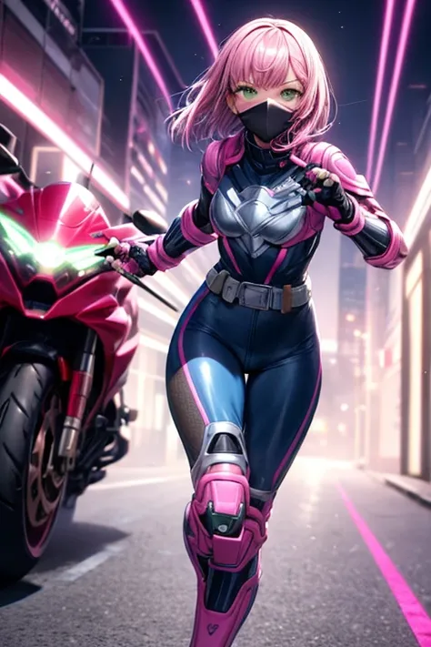 ((best quality)), ((masterpiece)), (detailed), 1 girl, 20s, young adult, emerald eyes, black facemask covering her mouth, smooth head, pink motorcycle helmet with black details, short pink hair, bangs, black neck, tall, slim, athletic, pink details, black ...