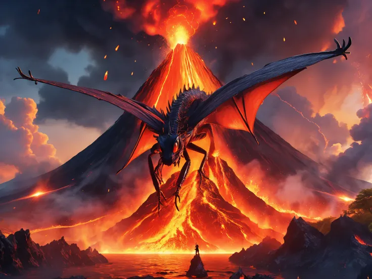 A volcano erupting, along with the lava a dragon flies into the sky dripping with fire, ((ultra quality)), anime enhancement, ((8k resolution, masterpiece, best quality)), ultra detailed, ultra sharp, perfect colors, perfectly shaded, perfect lighting