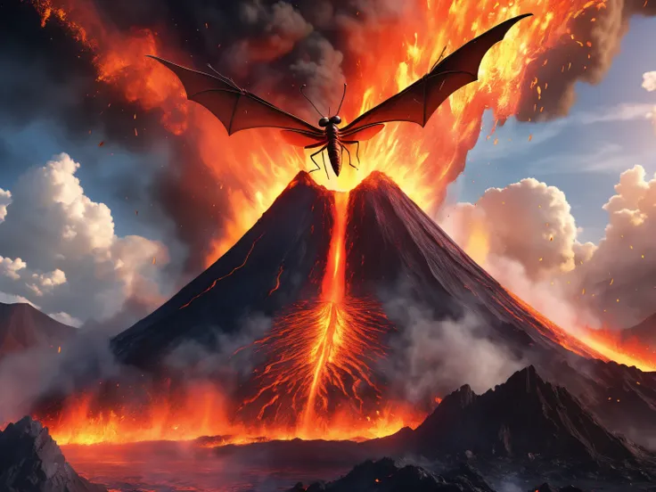 A volcano erupting, along with the lava a dragon flies into the sky dripping with fire, ((ultra quality)), anime enhancement, ((8k resolution, masterpiece, best quality)), ultra detailed, ultra sharp, perfect colors, perfectly shaded, perfect lighting