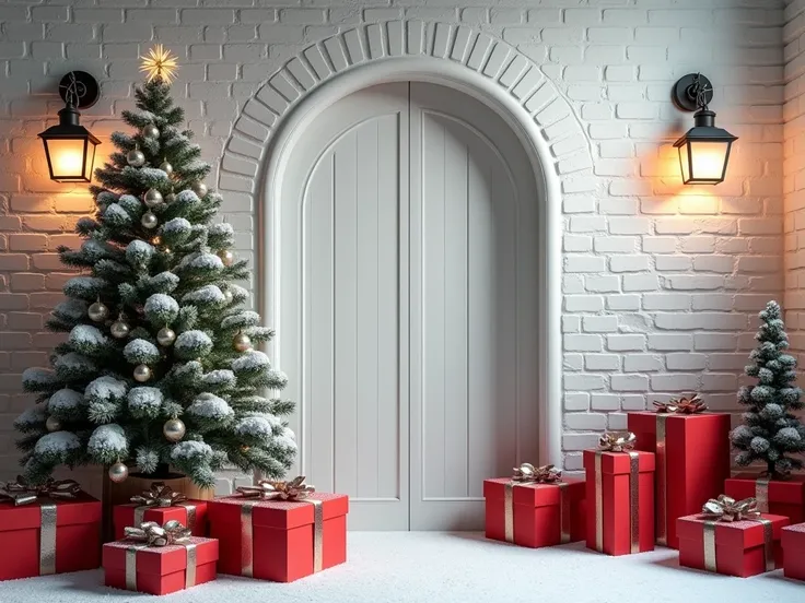 Frosted Christmas tree, white brick wall with an arched door and lanterns, vintage style, many gifts in red gift boxes on the ground, Christmas atmosphere, snowflakes falling, photography backdrop for a rens photo studio, highly realistic, highly detailed 