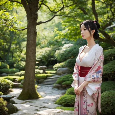 A captivating and elegant Kyoto woman with a traditional yet modern aura, wearing a beautifully detailed kimono with subtle floral patterns. Her shoulders are prominently exposed, Emphasize cleavage,enhancing her sensual and alluring appearance while maint...