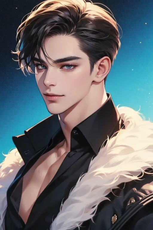 (best quality,4k,8k,highres,masterpiece:1.2),ultra-detailed,(realistic,photorealistic,photo-realistic:1.37),30 year old man,3 day beard,handsome anime,portraits,strong,masculine,dark hair,sharp jawline,mesmerizing eyes,perfectly styled hair,cool anime outf...