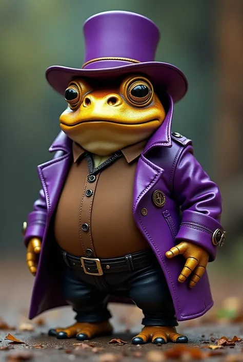 Gold-colored humanoid toad ,  with purple Fedora hat A purple leather trench coat ,  with a brown fabric shirt and black leather pants
