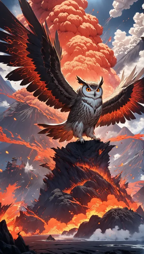  masterpiece:1.2， Fantasy World ,  Japanese style, ((Volcanic eruption))， Details，An owl flapping its wings， is cool，Professional photography，