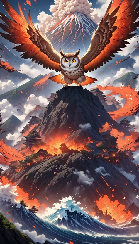  masterpiece:1.2， Fantasy World ,  Japanese style, ((Volcanic eruption:1.1))， Details，An owl flapping its wings， is cool，Professional photography，