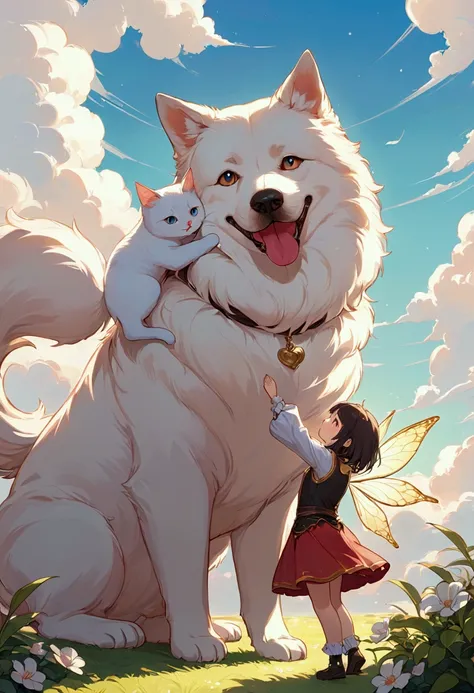 warm colored rough cute illustration art, kitten playing with a big fluffy dog, This is cute fantasy art that looks like a fairy tale picture book, ultra detailed, absolutely resolution, masterpiece