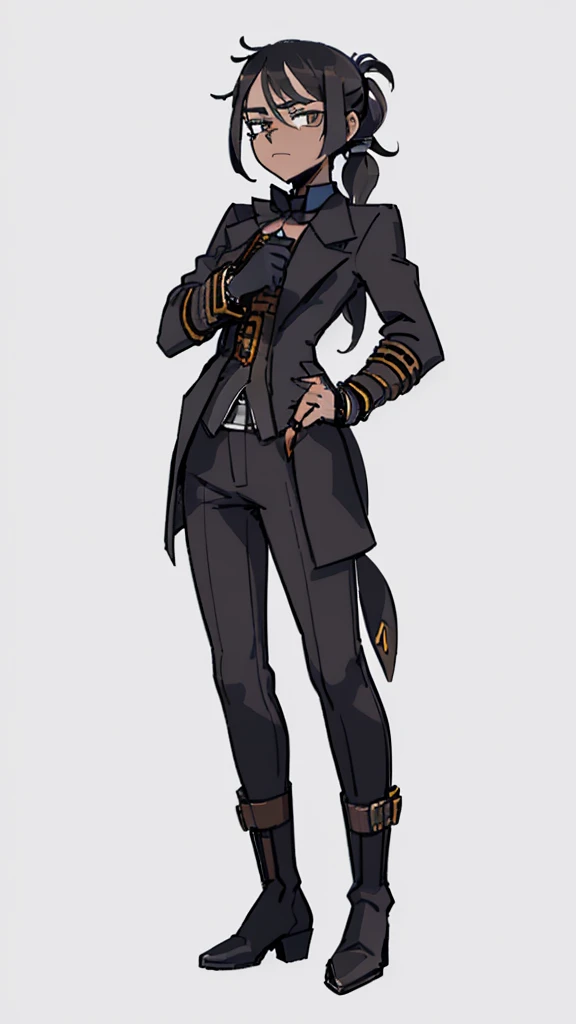 (Detailed), (((normal boy))), ((pelo negro  Ponytail hairstyle )), (( Ponytail hairstyle )), (calm face), ((brown boots)), ((( full body))), ((male)), (black and blue suit), ((solo una persona)), ((steampunk)), ((((solo una persona)))),