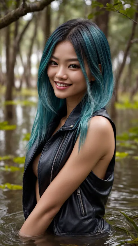 Full body, woman with white skin and Asian features, 24-year-old blue hair (green-eyed woman), green eyes, cobalt hair, blue hair , teal hair , shoulder-length hair, big breast. She has a small, elegant nose with a slight upward curve at the tip. Her lips ...