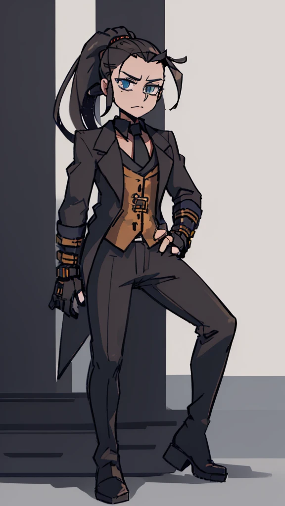 (Detailed), (((normal boy))), ((pelo negro  Ponytail hairstyle )), (( Ponytail hairstyle )), (calm face), ((brown boots)), ((( full body))), ((male)), (black and blue suit), ((solo una persona)), ((steampunk)), ((((solo una persona)))),