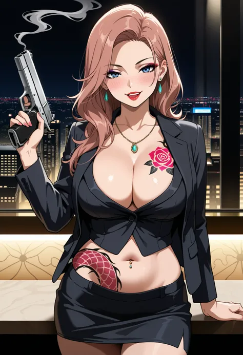 Manami, Suda_Def, brown hair, pink hair, long hair, blue eyes, long hair, earrings, red lips, large breasts, ear piercing, long hair, blush, lipstick,Hot girl, baddie, smoking, sensual, attractive, , cityscape, , nightclub, , city lights,,bar background, i...