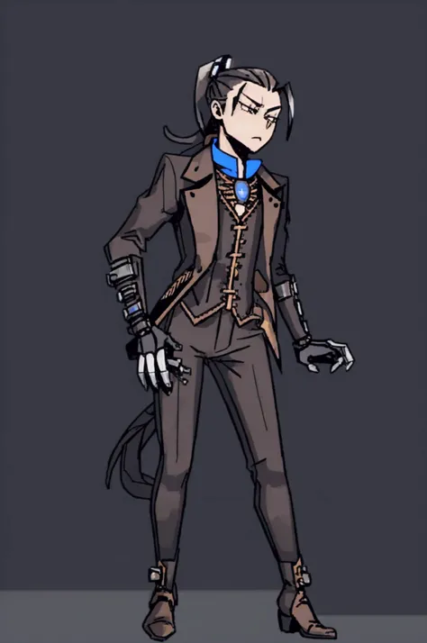 (Detailed), (((normal boy))), ((pelo negro  Ponytail hairstyle )), (( Ponytail hairstyle )), (calm face), ((brown boots)), ((( full body))), ((male)), (black and blue suit), ((solo una persona)), ((steampunk)), ((((solo una persona)))),