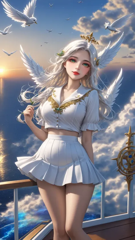 (((masterpiece,  top quality,  HD, high detail)))), ((((fantasy))), one, (Angel woman)))), (white skirt with gold embroidery ), (Blonde straight hair), ( shiny dark green eyes ), (white ruffle shirt embroidered with gold), Large target, ((( on the deck of ...