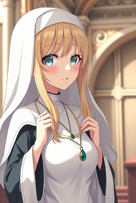 Adult female nun wearing a navy blue habit and a white veil. She has blonde hair,  blue eyes and a large bust .  the background is a church .  She has a necklace with a blue-green pendant . Her expression is soft and slightly shy .(hentai anime version ).