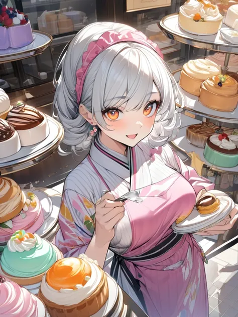 masterpiece:1.3,  anatomically correct:1.3,  Ultra High Definition:1.3,  high-definition face :1.3, 4K:1.3, whole body,  small cream puff background :1.3,  cake shop, Showcase, small window , 森の中の cake shop, plant, super fine illustration:1.2,  1 adult wom...