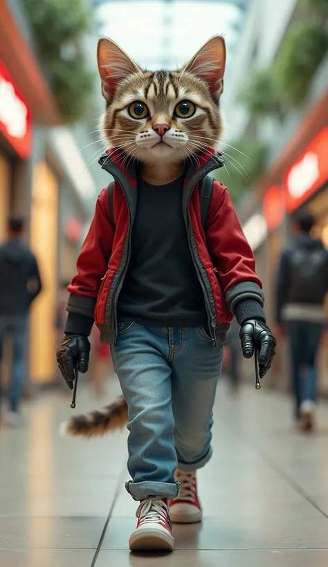 A cat dressed in a black and red shirt, light blue jeans, sneakers, is undercover to save Sandra at a mall