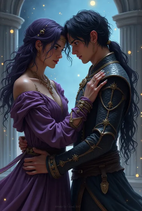 two person. a young male in his twenties with short black curtain mullet haircut, black eyes, lean, fierce, wearing scaled leather medieval clothes. Hes holding the shoulder of a young male in his twenties with long dark purple hair, golden eyes, whimsical...