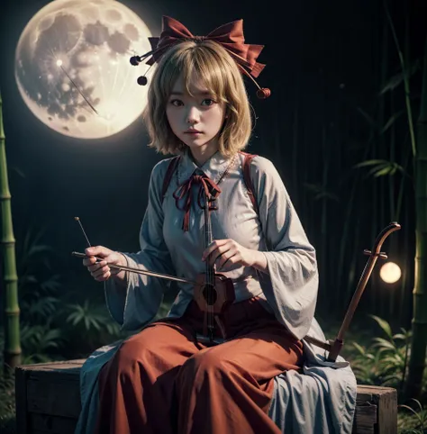 A girl, satsuki rin, playing the erhu on the bamboo forest. Night, blue mist background, fog, big moon, full moon, hair bow, ribbon, long sleeves, red skirt
