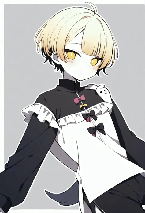 Male anime boy, cute, seal tail, dark ouji style clothes, dark colors, white skin, unique design, two color hair blonde, cute expression, ruffled shirt and black shorts. Short hair and bangs 