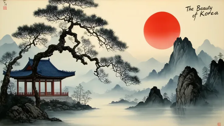 Create a vintage Korean painting style image featuring a serene landscape. Include a traditional Korean pavilion with a blue-tiled roof on the right side, surrounded by a large, gnarled tree with intricate branches. In the background, depict misty mountain...