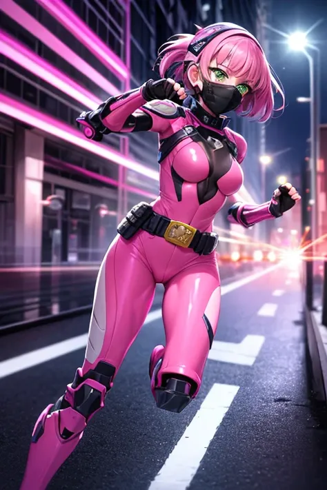 ((best quality)), ((masterpiece)), (detailed), 1 girl, 20s, young adult, emerald eyes, black facemask covering her mouth, smooth head, pink motorcycle helmet with black details, short pink hair, bangs, black neck, tall, slim, athletic, pink details, black ...