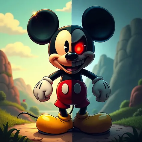 A split design of Mickey Mouse, showing one side as cheerful and classic with his iconic happy expression, bright red shorts, and white gloves in a colorful and lively cartoon setting, while the other side appears dark, eerie, and menacing, with shadowy to...