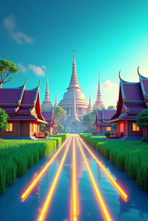 A vibrant, dynamic 3D scene with a bold leading-line perspective, featuring Myanmar’s iconic landmarks like the Shwedagon Pagoda, traditional wooden houses, and cultural elements. The landmarks are aligned along powerful, glowing lines in electric yellow t...