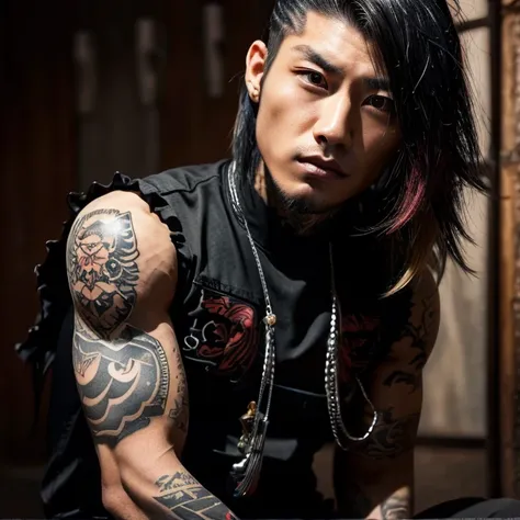 1 man, Japanese man, male, Asian eyes, muscular, broad shoulders, yakuza tattoos, hairstyle Visual Kei style, hair Visual Kei, black mens shirt and black pants, ultra detailed face and eyes , hyperrealistic, realistic representation, long hair, long hair, ...