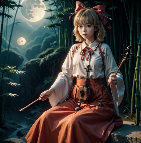 A girl, satsuki rin, playing the erhu on the bamboo forest. Night, blue mist background, fog, big moon, full moon, hair bow, ribbon, long sleeves, red skirt
