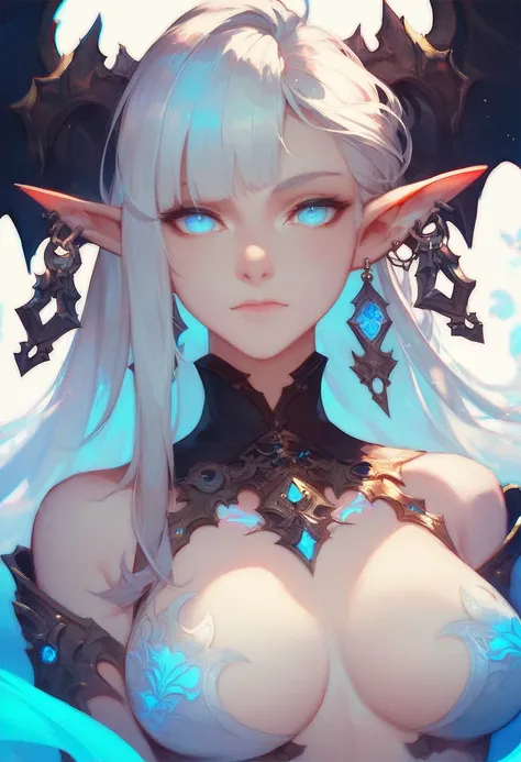 score_9, score_8_up, score_7_up, masterpiece, best quality, 1girl, adult, female focus, solo, silver hair, vibrant blue eyes, looking at viewer, closed mouth, Fantasy aesthetics, fantasy earring, Highly detailed, shadowverse style, elf ear, elf, demonic at...