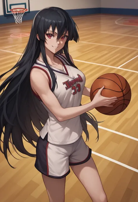 1girl,solo,akame, long hair, black hair, red eyes, hair between eyes, smiling , basketball uniform, shirt,shorts,holding basketball,standing,background basketball court