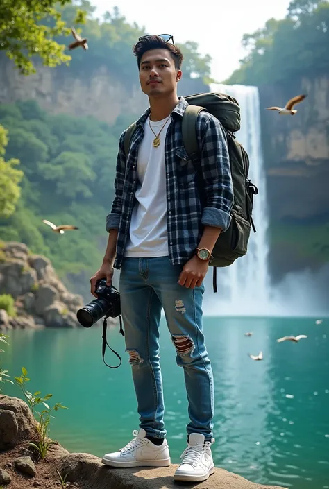 a man Asian handsome, wearing a black blue and white flannel shirt, white t shirt,blue ripped jeans, wearing white sneakers Jordan, holding a camera, carrying a large backpack. standing on the edge of the lake, with a waterfall flowing from above, the wate...